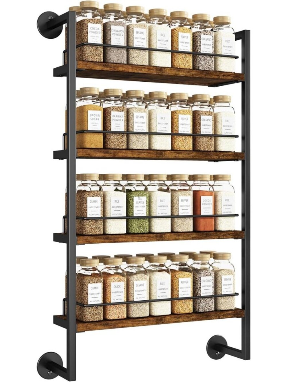 4-Tier Wall-Mounted Spice Rack for Kitchen Organization - Brown Kitchen Storage